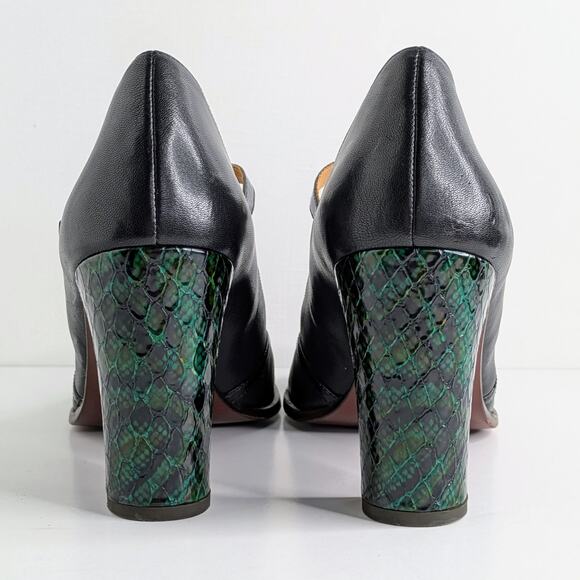 Chie Mihara T-Strap Heels 40 Black Green Snakeskin Accent Retro Glam Pinup Shoes - Picture 6 of 15